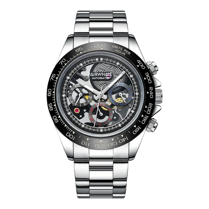 Silver wristwatch with black dial on a white background