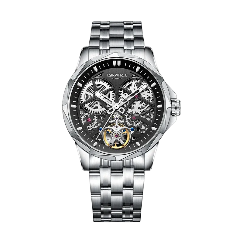 Silver wristwatch with a detailed face on a white background