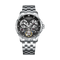 Silver wristwatch with a detailed face on a white background