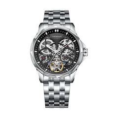 Silver wristwatch with a detailed face on a white background