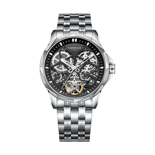 Silver wristwatch with a detailed face on a white background