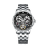 Silver wristwatch with a detailed face on a white background