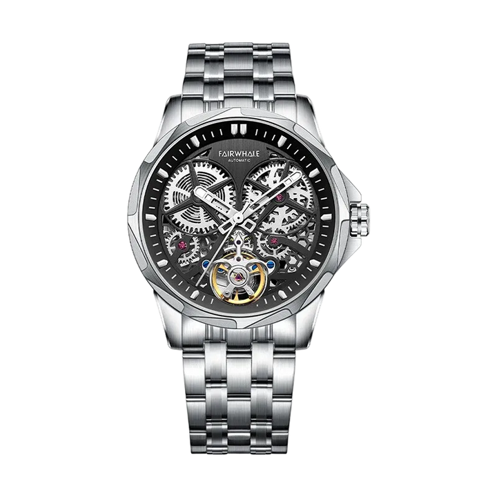 Silver wristwatch with a detailed face on a white background
