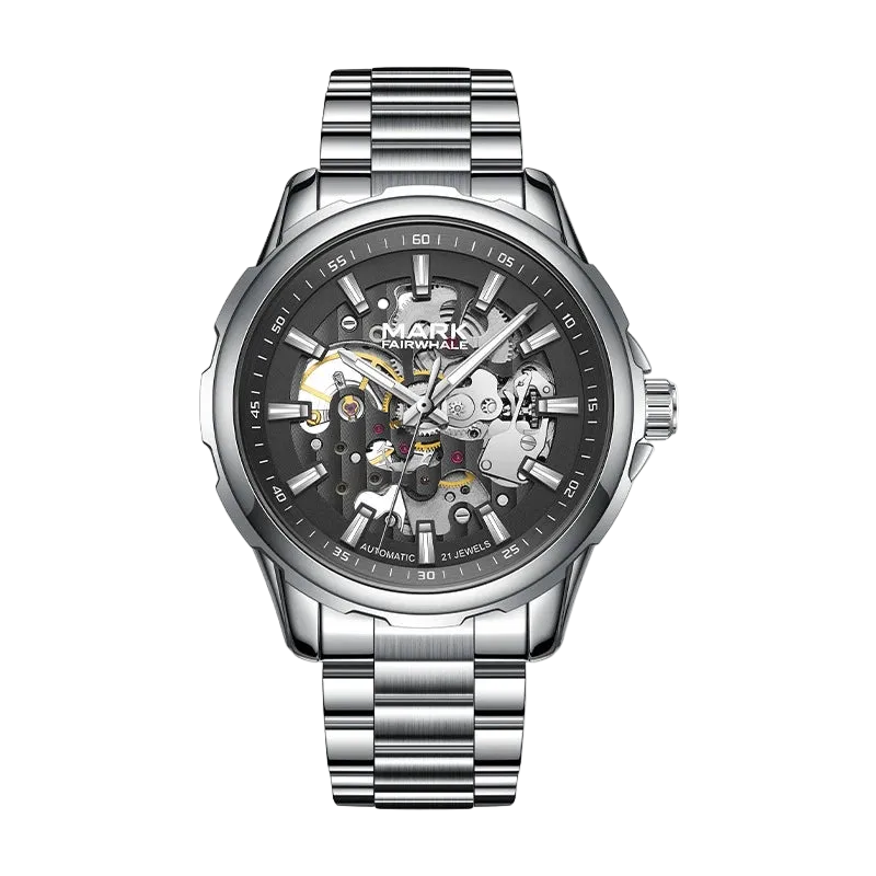 Silver wristwatch with a detailed face on a white background