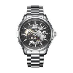 Silver wristwatch with a detailed face on a white background