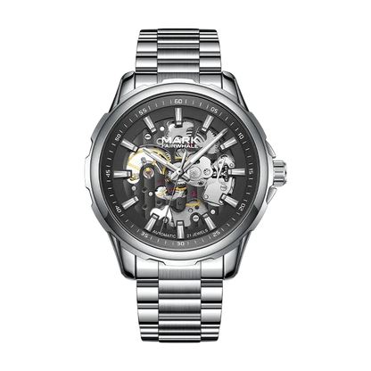 Silver wristwatch with a detailed face on a white background