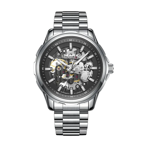 Silver wristwatch with a detailed face on a white background
