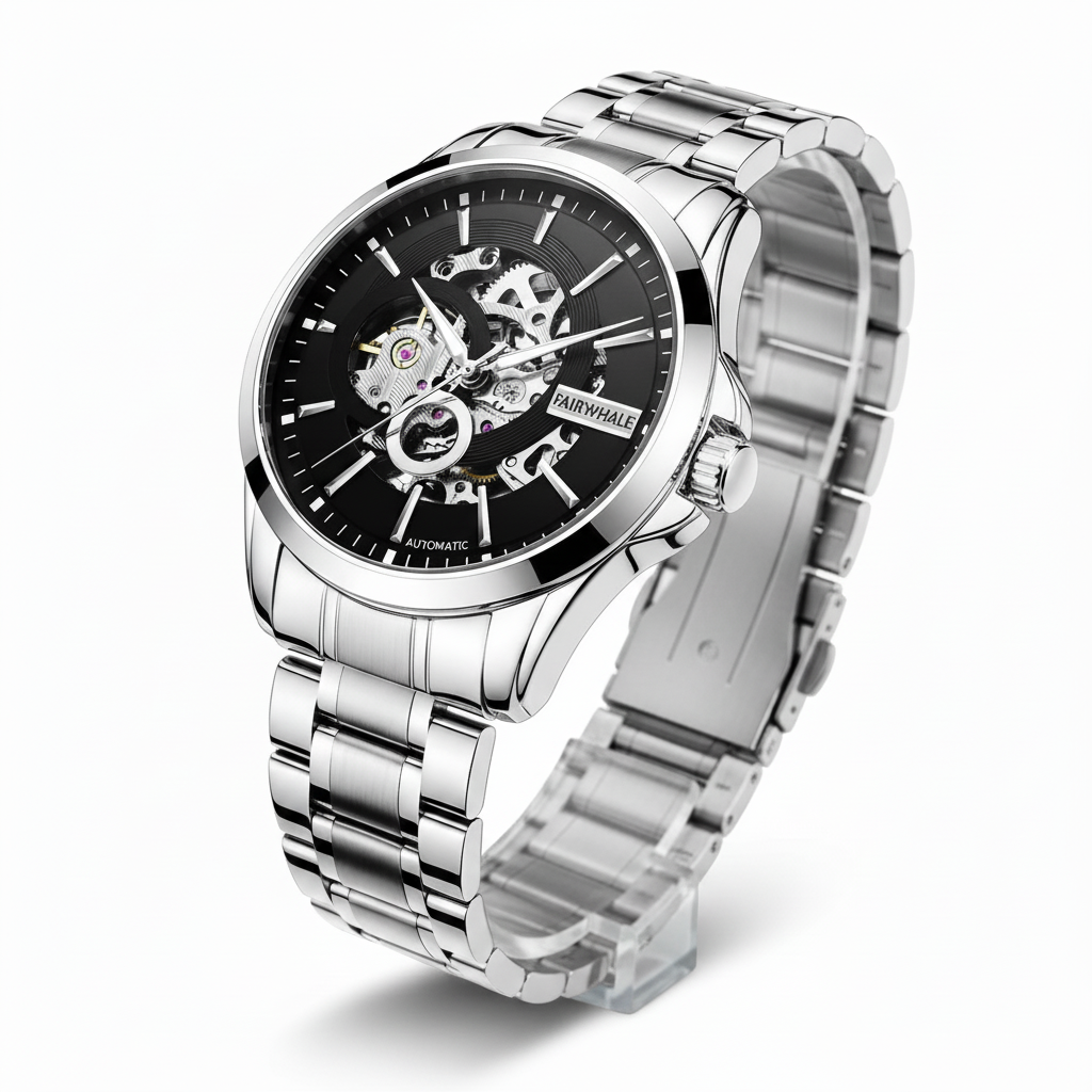Silver wristwatch with black dial on a white background