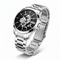 Silver wristwatch with black dial on a white background