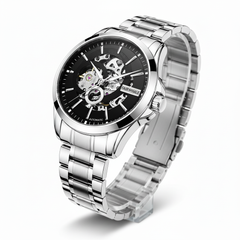 Silver wristwatch with black dial on a white background