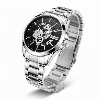 Silver wristwatch with black dial on a white background