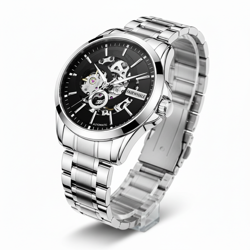 Silver wristwatch with black dial on a white background