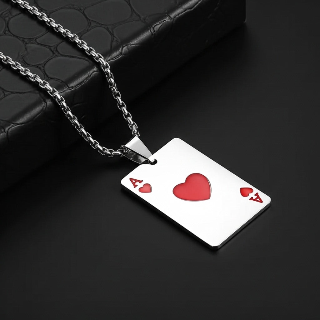 Mark Fairwhale silver Ace of Hearts pendant necklace displayed on black leather box
