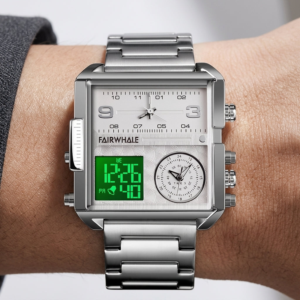 Silver Fairwhale watch on a wrist with digital and analog display