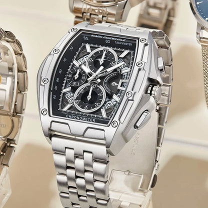 Silver Mark Fairwhale 5080 TONIXORA chronograph watch displayed among luxury timepieces