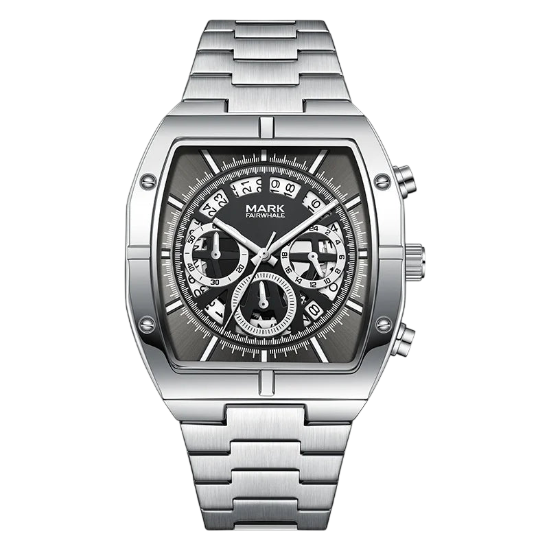 Silver watch with a detailed face on a white background