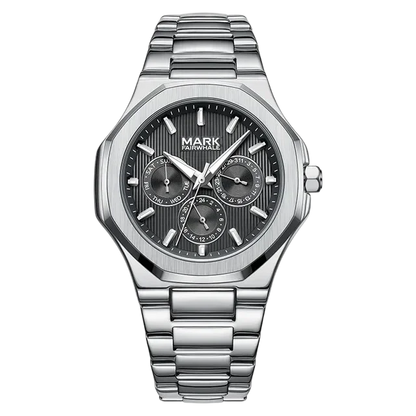 Silver watch with a detailed face on a white background