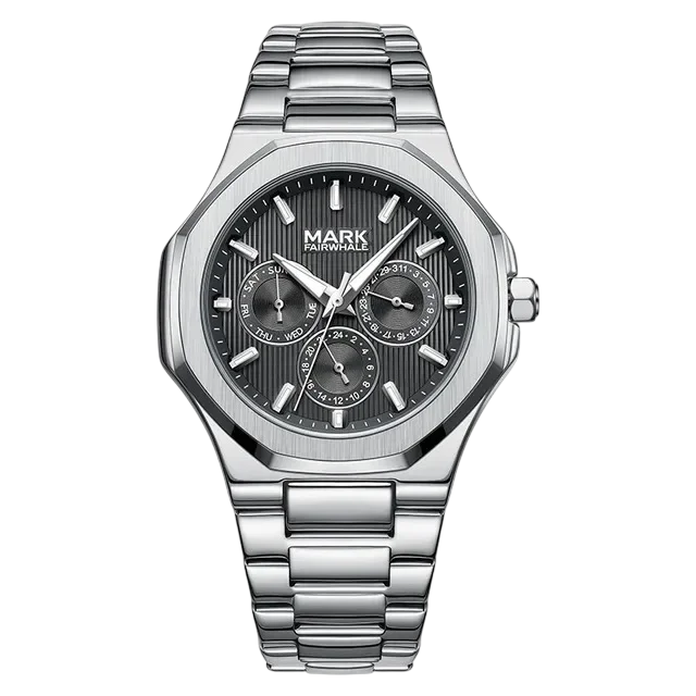 Silver watch with a detailed face on a white background