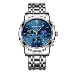 Silver watch with blue face on a white background