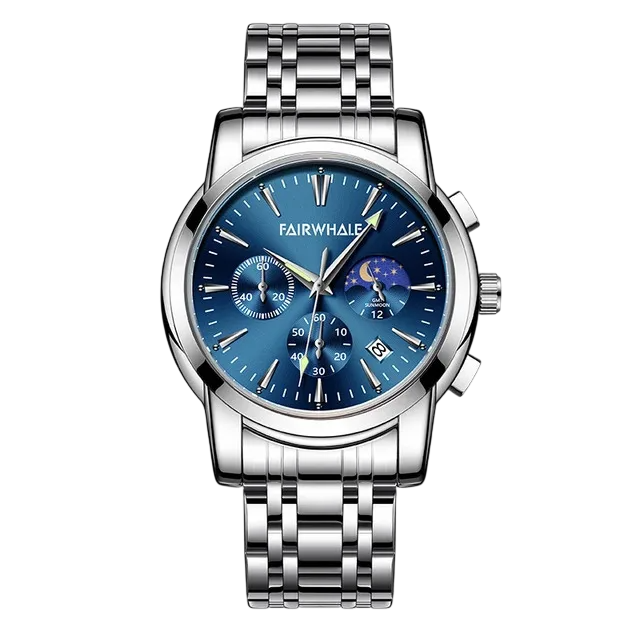 Silver watch with blue face on a white background