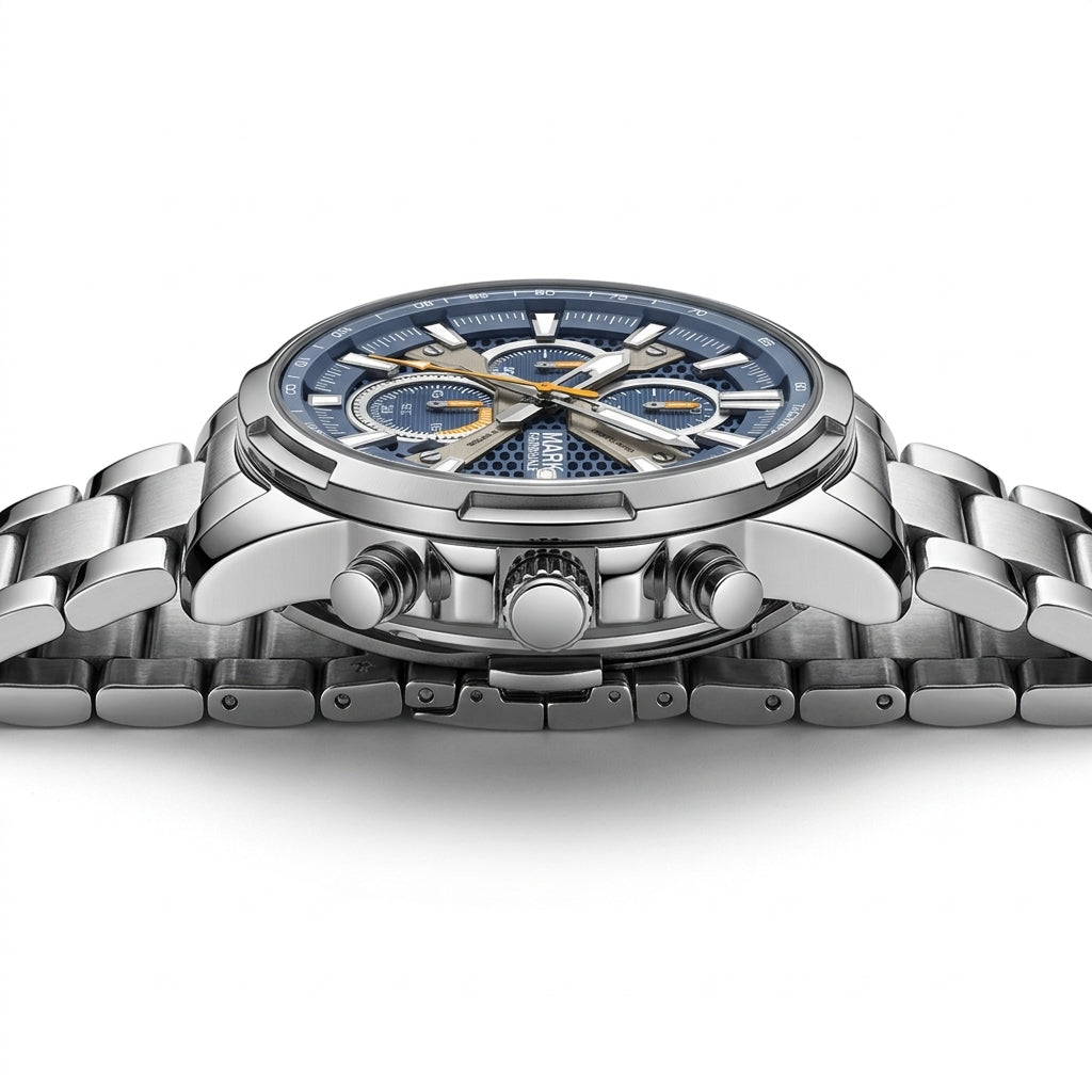 Silver watch with a blue face on a white background
