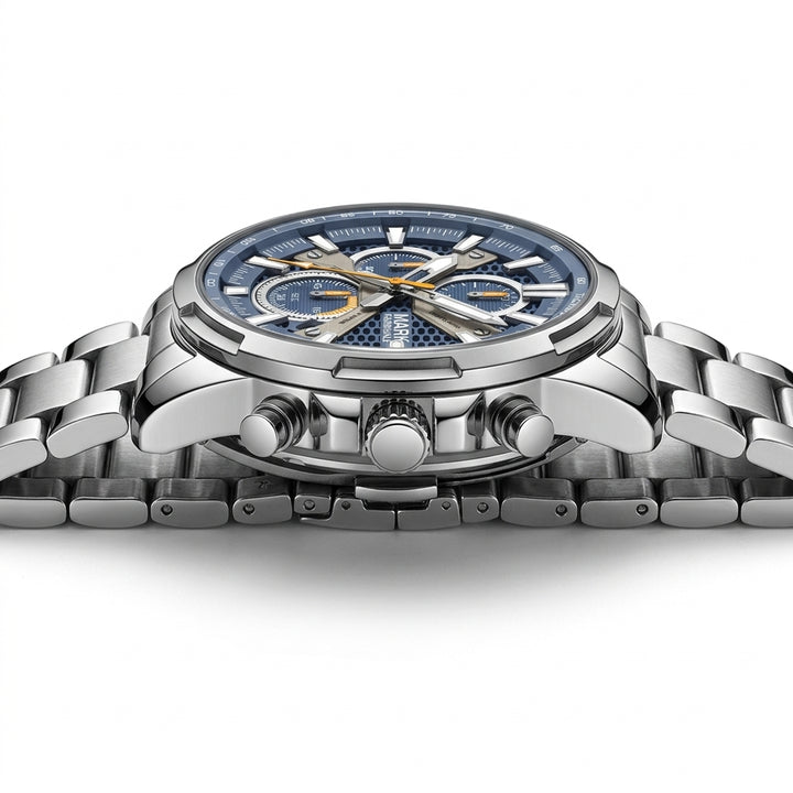 Silver watch with a blue face on a white background