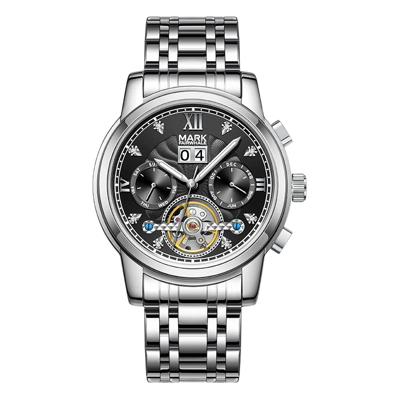 Silver wristwatch with a detailed face on a white background