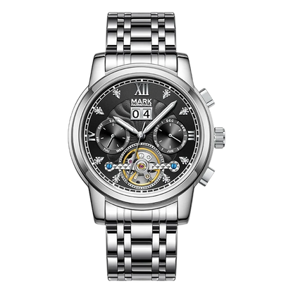 Silver wristwatch with a detailed face on a white background