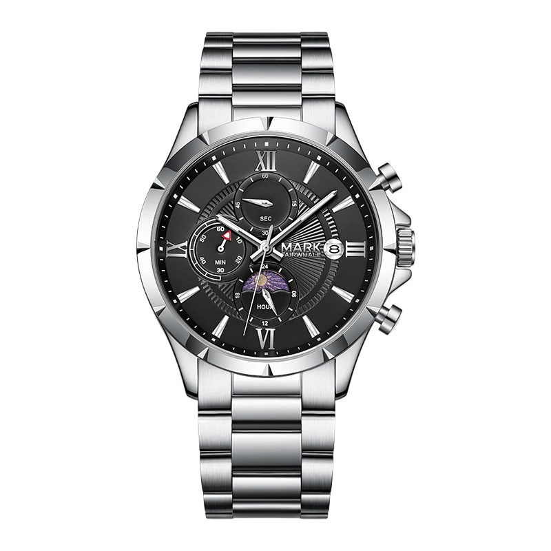 Silver wristwatch with a black dial on a white background