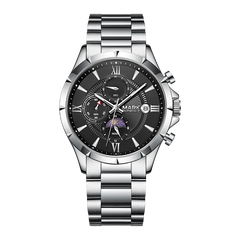 Silver wristwatch with a black dial on a white background