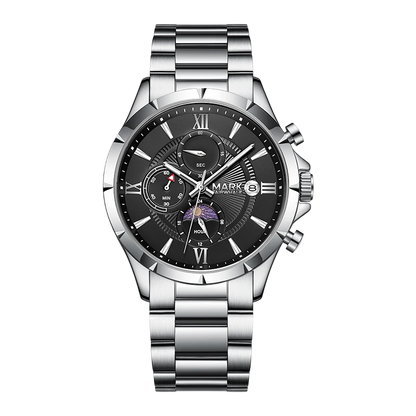 Silver wristwatch with a black dial on a white background