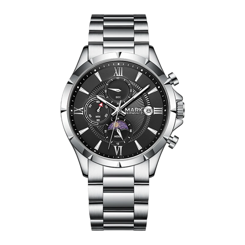 Silver wristwatch with a black dial on a white background