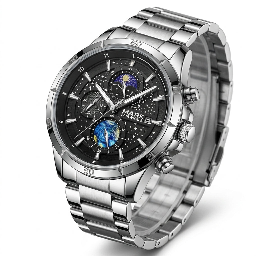 Silver wristwatch with detailed face on a white background