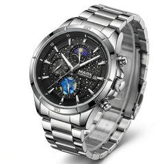 Silver wristwatch with detailed face on a white background