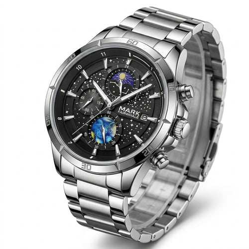 Silver wristwatch with detailed face on a white background