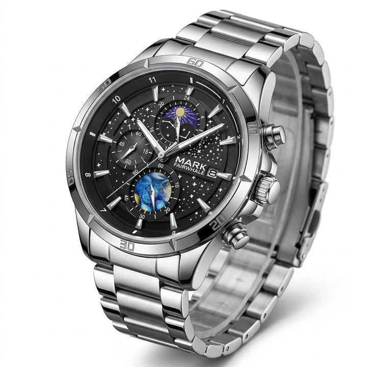 Silver wristwatch with detailed face on a white background