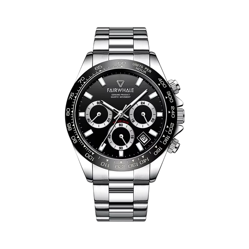 Silver and black watch with 'Fairwhale' branding on a white background