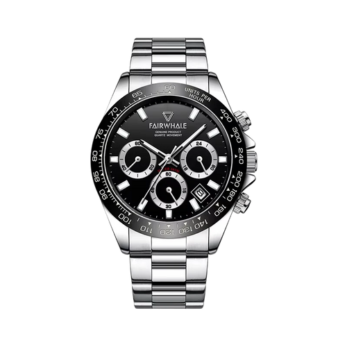 Silver and black watch with &