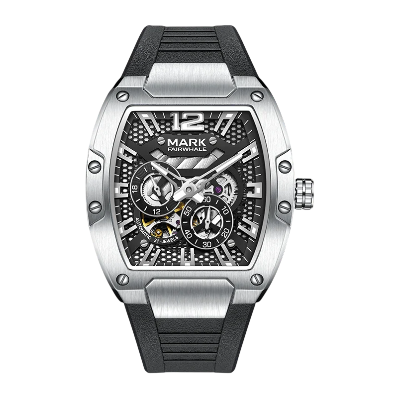 Silver and black watch with detailed face on a white background