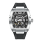 Silver and black watch with detailed face on a white background
