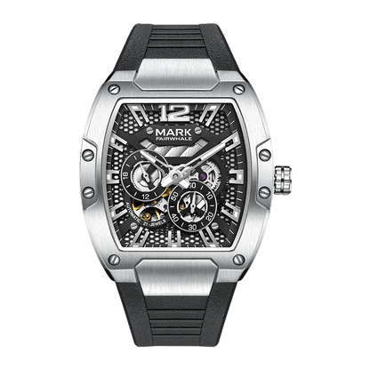 Silver and black watch with detailed face on a white background