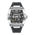 Silver and black watch with detailed face on a white background