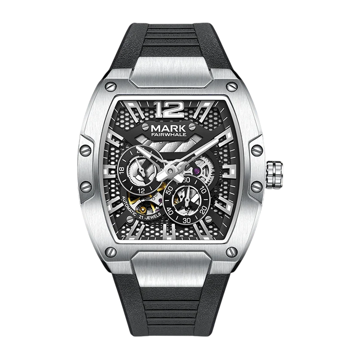 Silver and black watch with detailed face on a white background