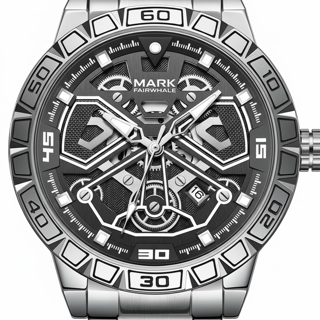Silver and black watch with detailed face on a white background