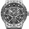 Silver and black watch with detailed face on a white background