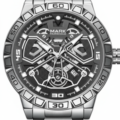 Silver and black watch with detailed face on a white background