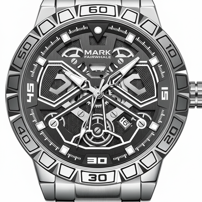 Silver and black watch with detailed face on a white background
