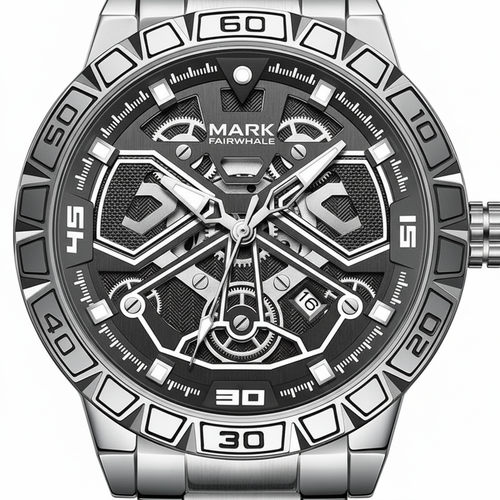 Silver and black watch with detailed face on a white background