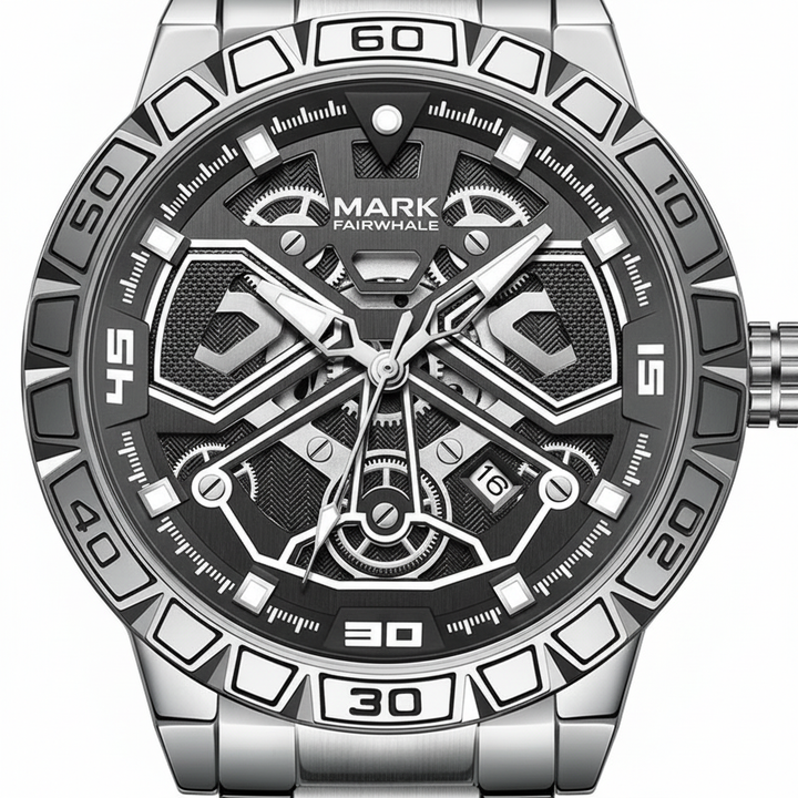 Silver and black watch with detailed face on a white background