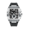 Silver and black watch with detailed face on a white background